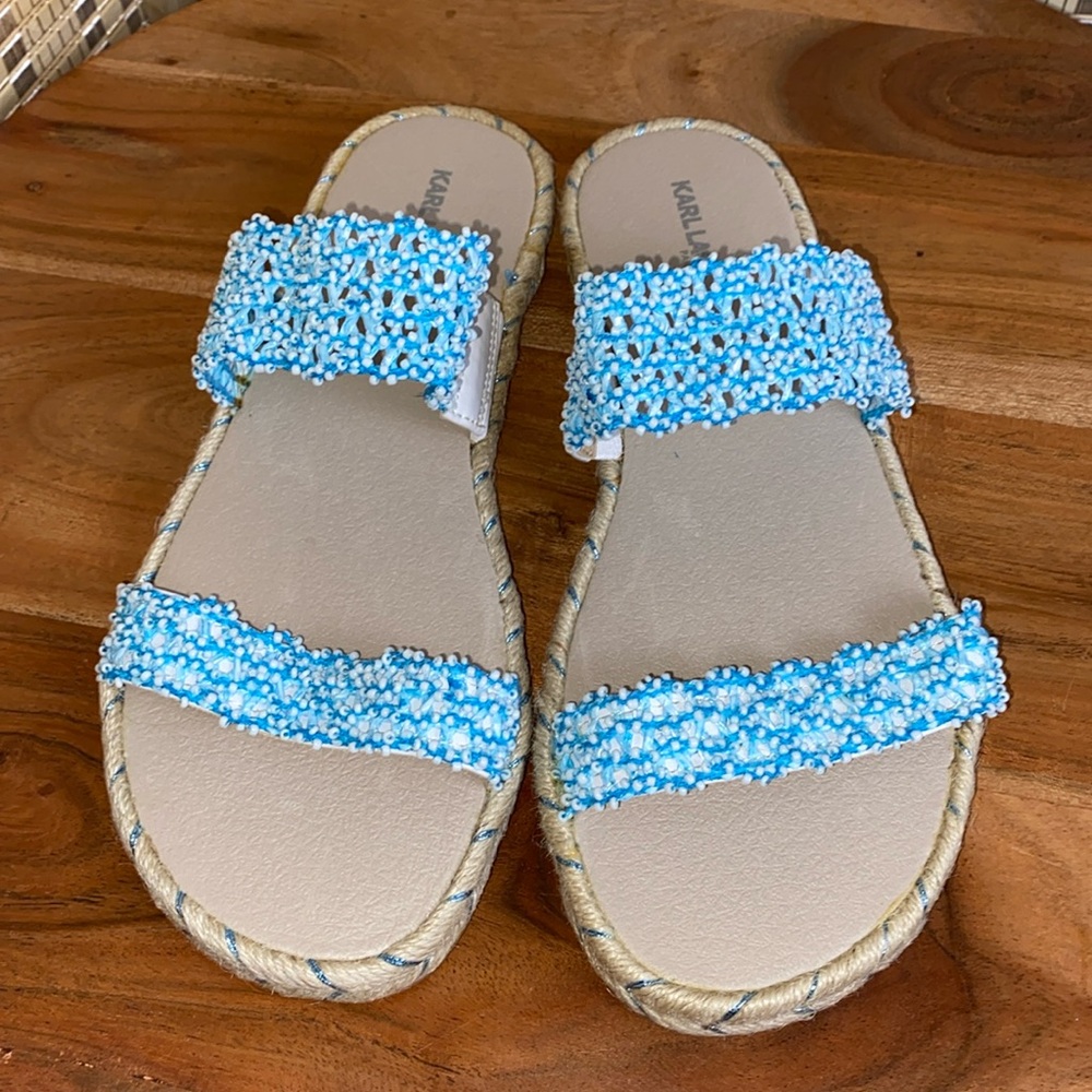 🔶Karl Lagerfeld Paris Nita Light Blue Beaded Espadrille Slide Sandals Size 7